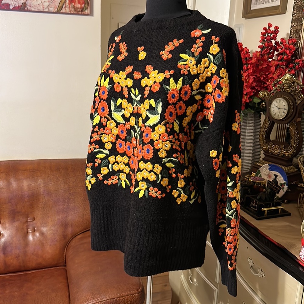 Zara Black Sweater with Colorful Floral Design